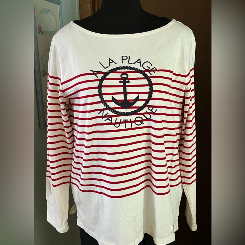Talbots Nautical Stripes with Anchor Long Sleeve 100% Cotton Top Size Large